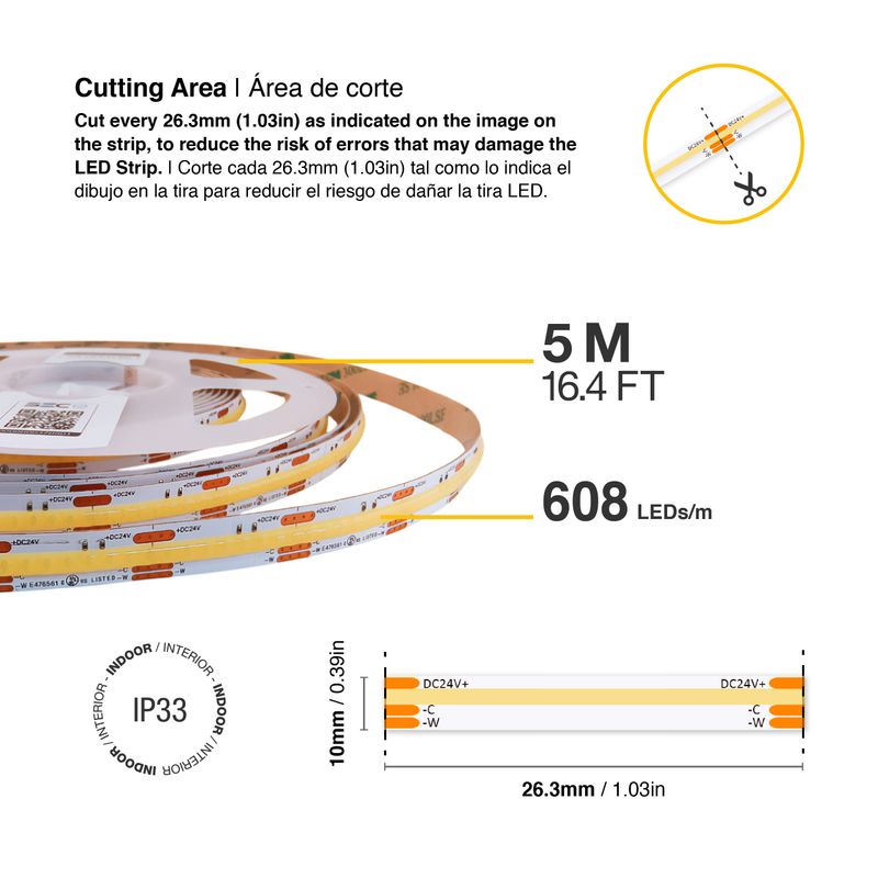 10mm COB LED Strip CCT 2700-6500k 24V 16W/m 80lm/m 608LED/m 16.4ft