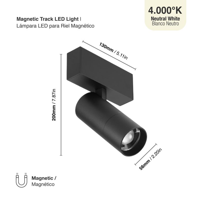 Black Magnetic Track Light, Adjustable Beam Angle 20°- 60°, 10W, Neutral White, 4000K 