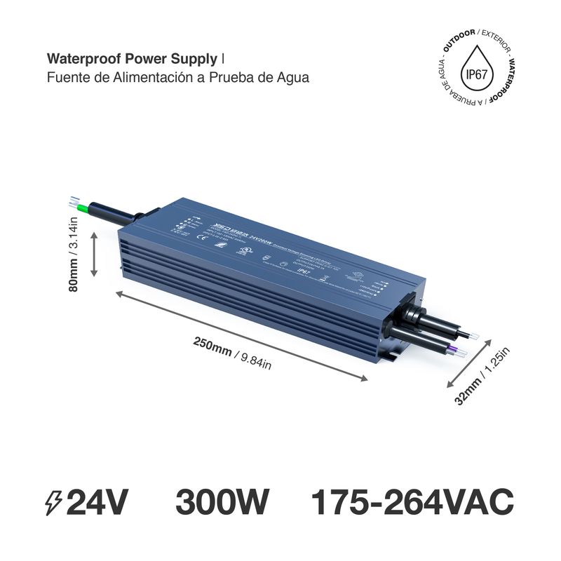 Outdoor TRIAC &amp; 0-10v.Dimmable DC 24V 12.5A 300W, IP67