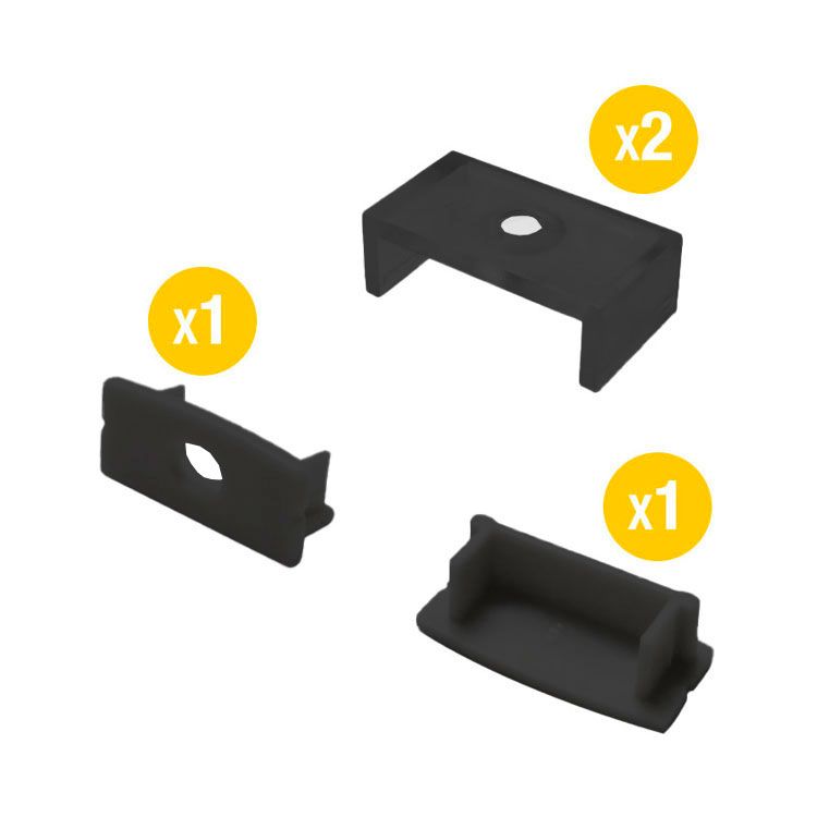 Kit of 2 Caps and 2 Clips for Aluminum Profile per-01-2m, Black