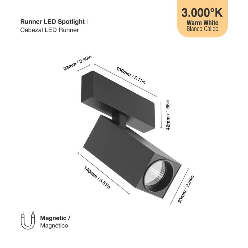 Black Magnetic Track Light, Multidirectional Spot, 10W, Warm White 3000K