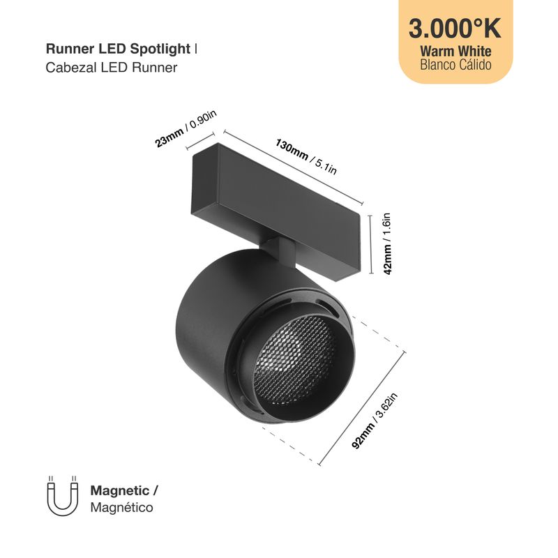 Black Magnetic Track Light, Multidirectional Spot, 15W, Warm White 3000K