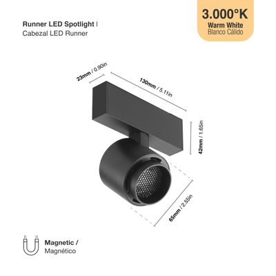 Black Magnetic Track Light, Multidirectional Spot, 8W, Warm White 3000K