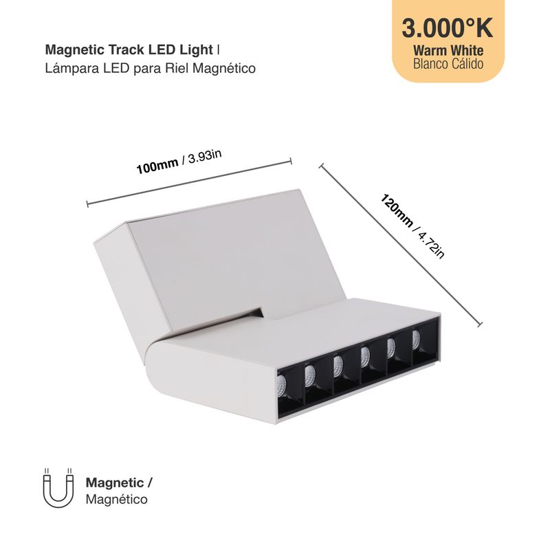 White Magnetic Track Light, Foldable Grille, 8W, Warm White 3000K, 685lm