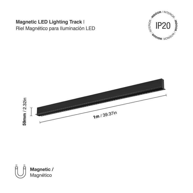 Black Magnetic Lighting Track, Trimless Recessed, 3.28ft, max 200W