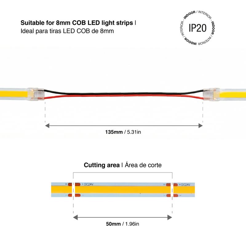 Strip to Strip connector for COB and high density (240led strip) 2 Pin, IP20 10mm, 15cm cable