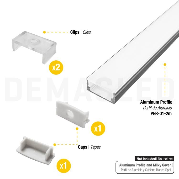 Kit of 2 Caps and 2 Clips for Aluminum Profile