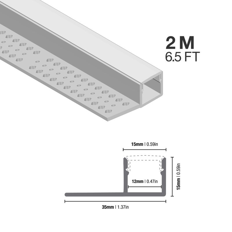 Plaster-In Anodized Aluminum Profile with Flanges, 6.56ft 1.37x0.59in