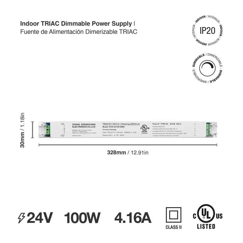 24V 100W 4.16A LED Power Supply, 5-in-1 TRIAC/0-10V Dimmable, IP54, UL