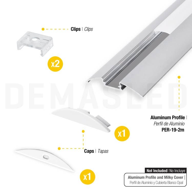 Kit of 2 Caps and 2 Clips for Aluminum Profile, comp. PER-19-2M