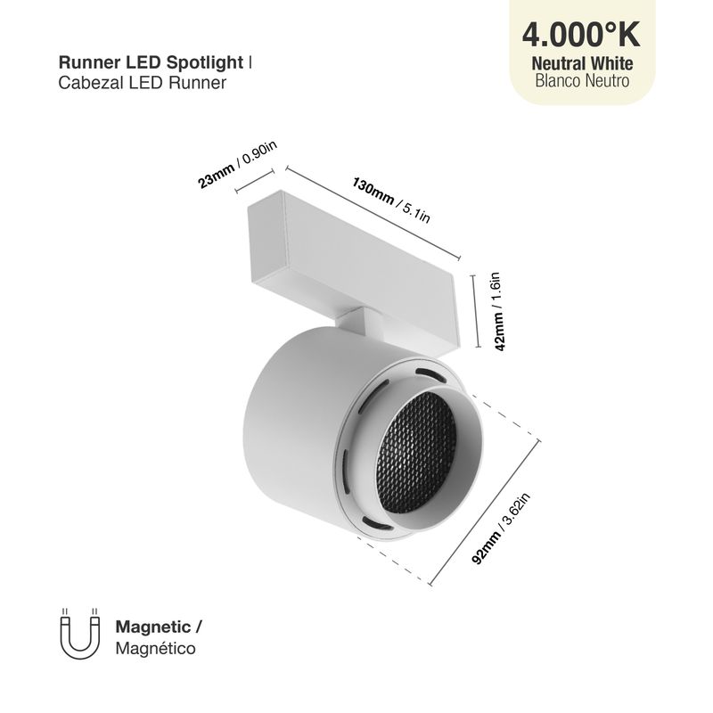 White Magnetic Track Light, Multidirectional Spot, 15W, Neutral White 4000K