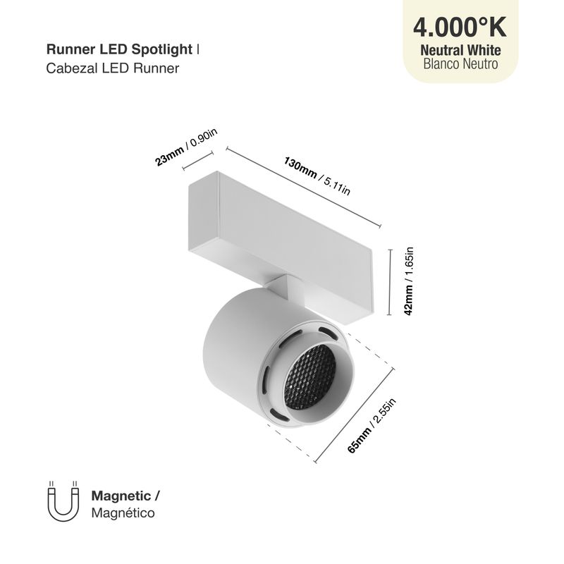 White Magnetic Track Light, Multidirectional Spot, 8W, Neutral White 4000K