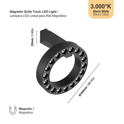 Black Magnetic Round Track Light, 18W, Warm White 3000K, 90°, 1565lm