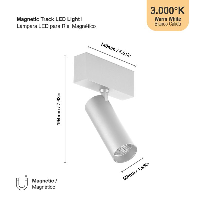 White Magnetic Track Light, Multidirectional, 20W, Warm White 3000K, 36°