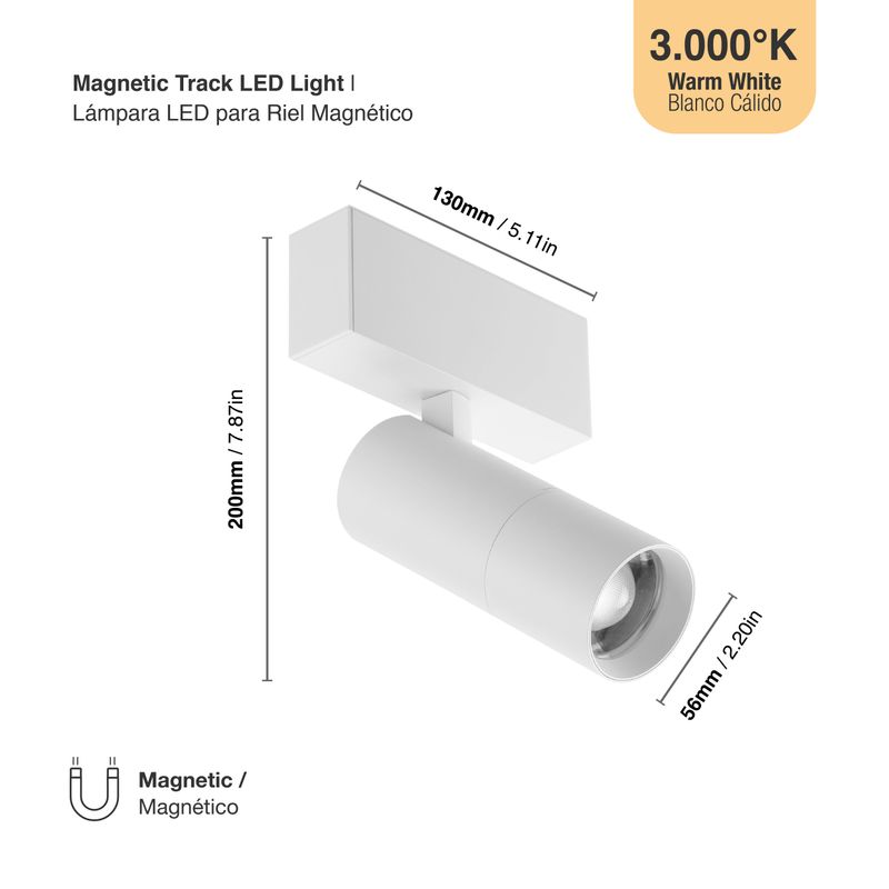 White Magnetic Track Light, Adjustable Beam Angle 20°- 60°, 10W, Warm White 3000K