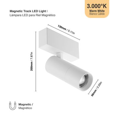 White Magnetic Track Light, Adjustable Beam Angle 20°- 60°, 10W, Warm White 3000K