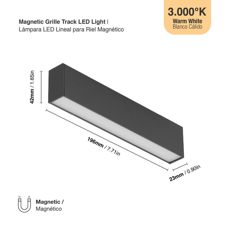 Black Magnetic Grille Track Light, 8W, Warm White 3000K, 605lm