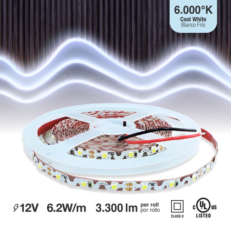 6mm SMD2835 S-Shape LED Strip Cool White 6000-7000°K 12V 6.9W/m 495lm/m 60LED/m 16.4ft