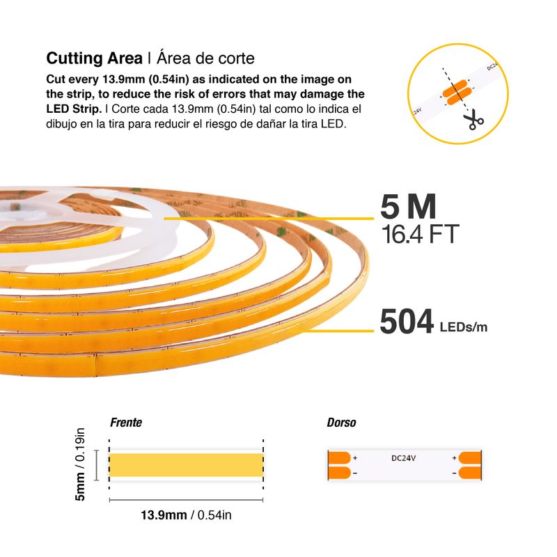 5mm COB LED Strip Cool White 5000-5500ºK 24V 8W/m, 540lm/m 504LED/m 16.4ft