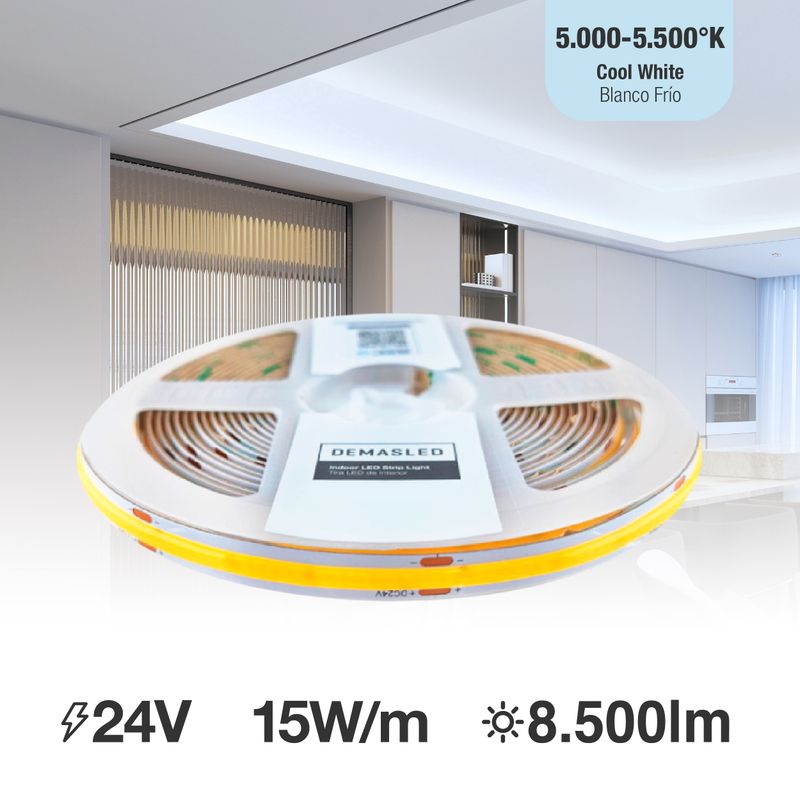 10mm COB LED Strip Cool White 5000-5500K 24V 15W/m 1700lm/m 528LED/m 16.4ft