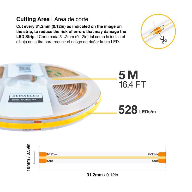 10mm COB LED Strip Warm White 3000ºK 24V 15W/m 1500lm/m 528LED/m 16.4ft