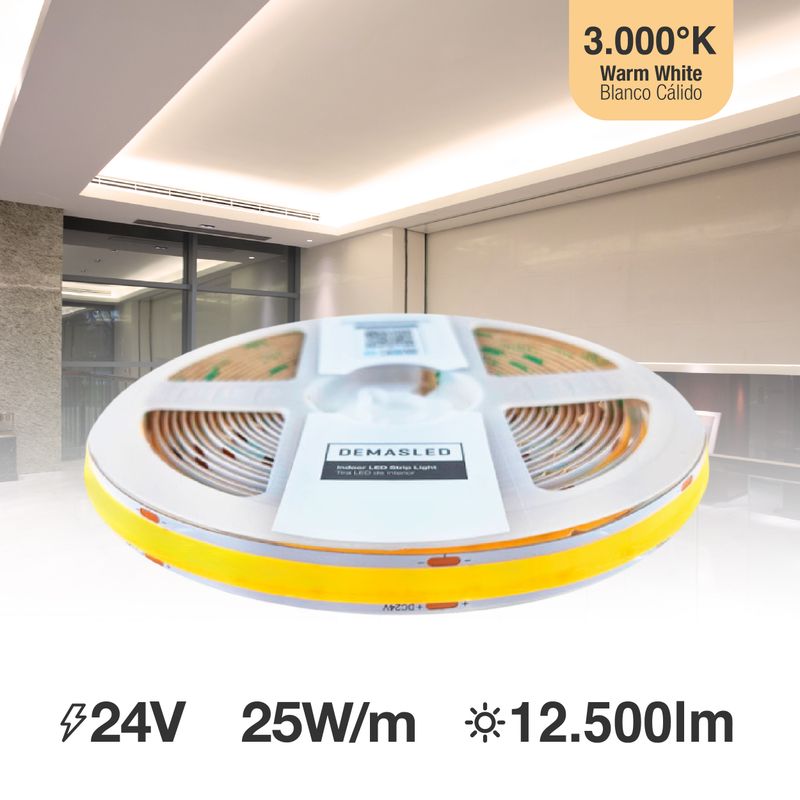 15mm COB LED Strip Warm White 3000ºK 24V 25W/m 2500lm/m 960LED/m 16.4ft