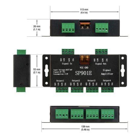 4-Channel SPI LED Amplifier 5-24V, 192-348W, 4A/Channel 16A Total