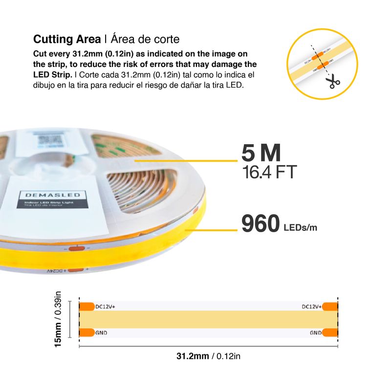 15mm COB LED Strip Cool White 5000-5500K 24V 25W/m 2875lm/m 960LED/m 16.4ft