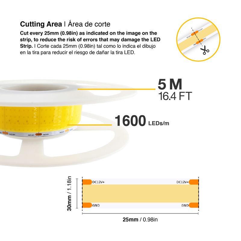 30mm COB LED Strip Warm White 3000ºK 24V 40W/m 4800lm/m 1600LED/m 16.4ft