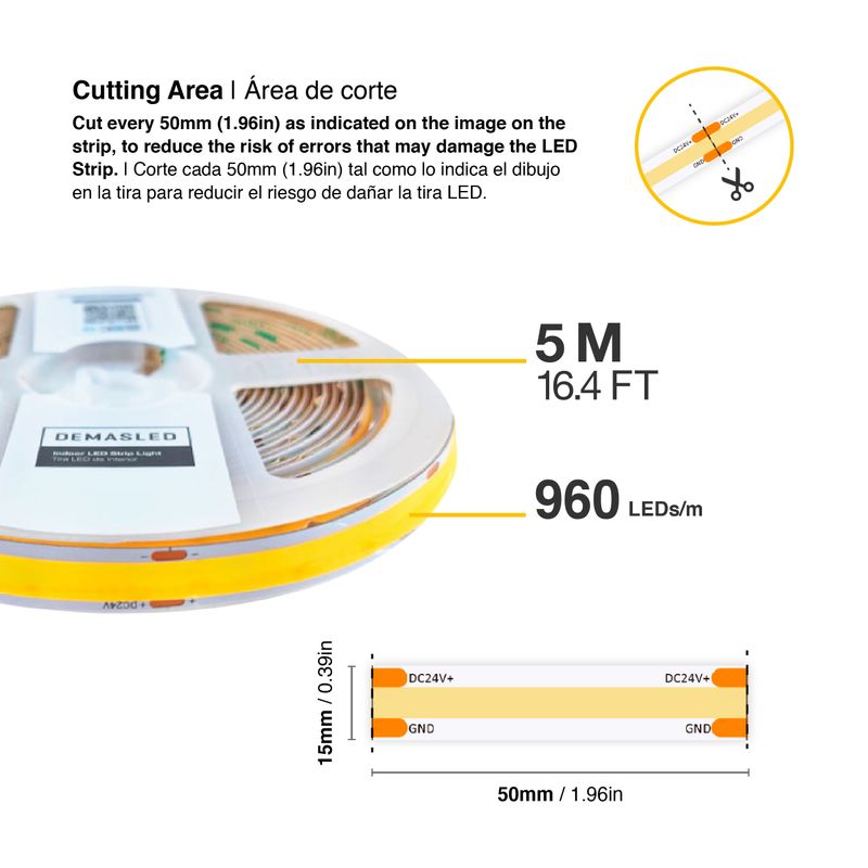 15mm COB LED Strip Neutral White 4000ºK 24V 25W/m 2750lm/m 960LED/m 16.4ft