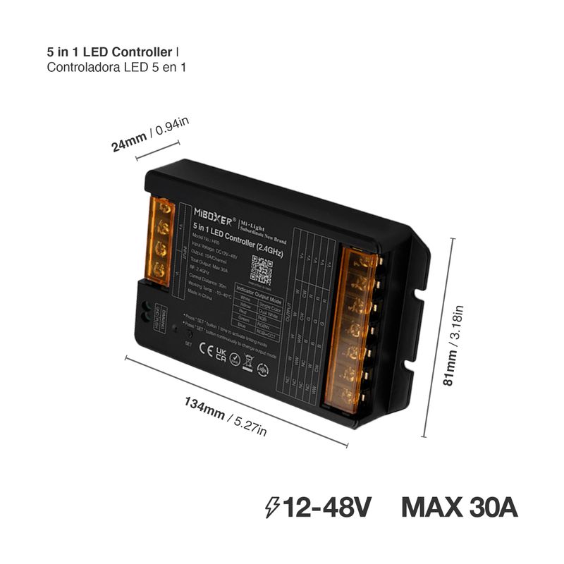 5 in 1 RGB+CCT and Single Color LED Controller 12-48V 2.4GHz RF, 15A/CH 30A Total