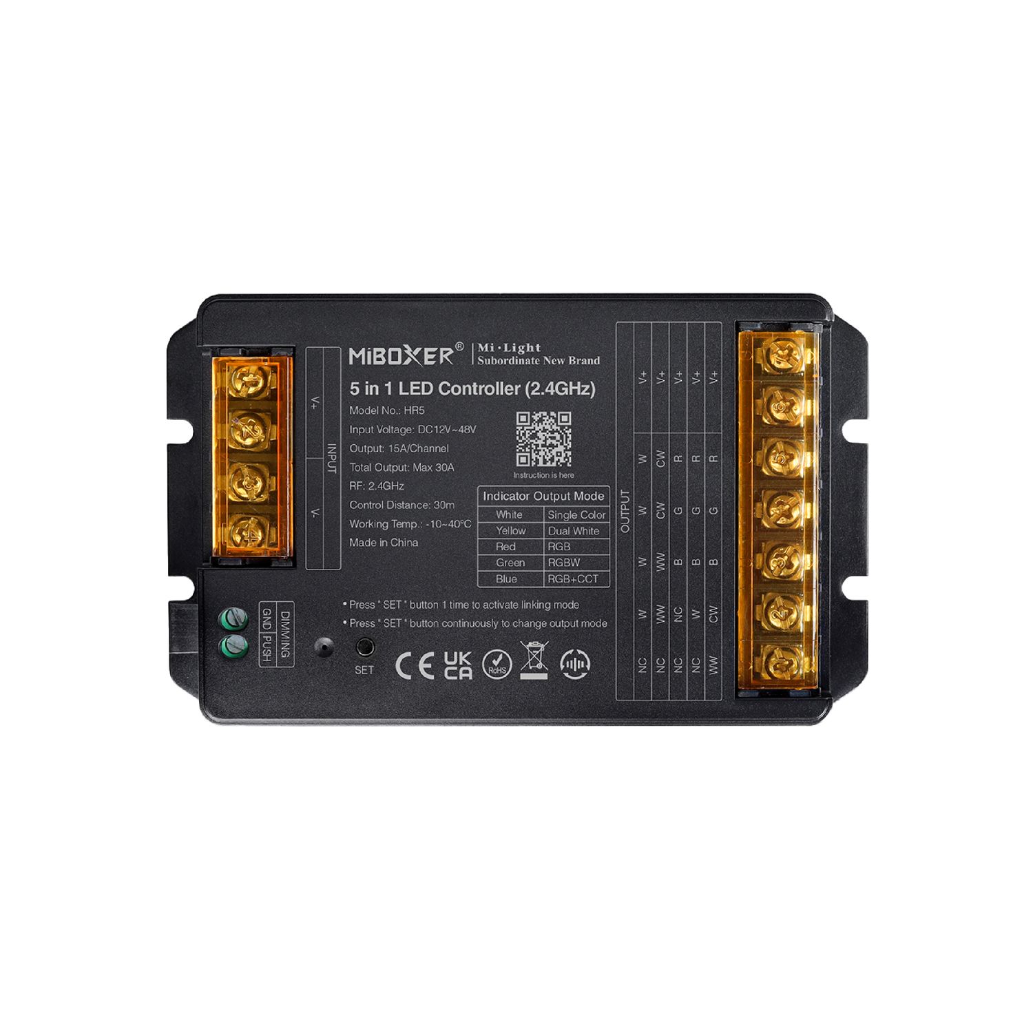 5 in 1 RGB+CCT and Single Color LED Controller 12-48V 2.4GHz RF, 15A/CH 30A Total