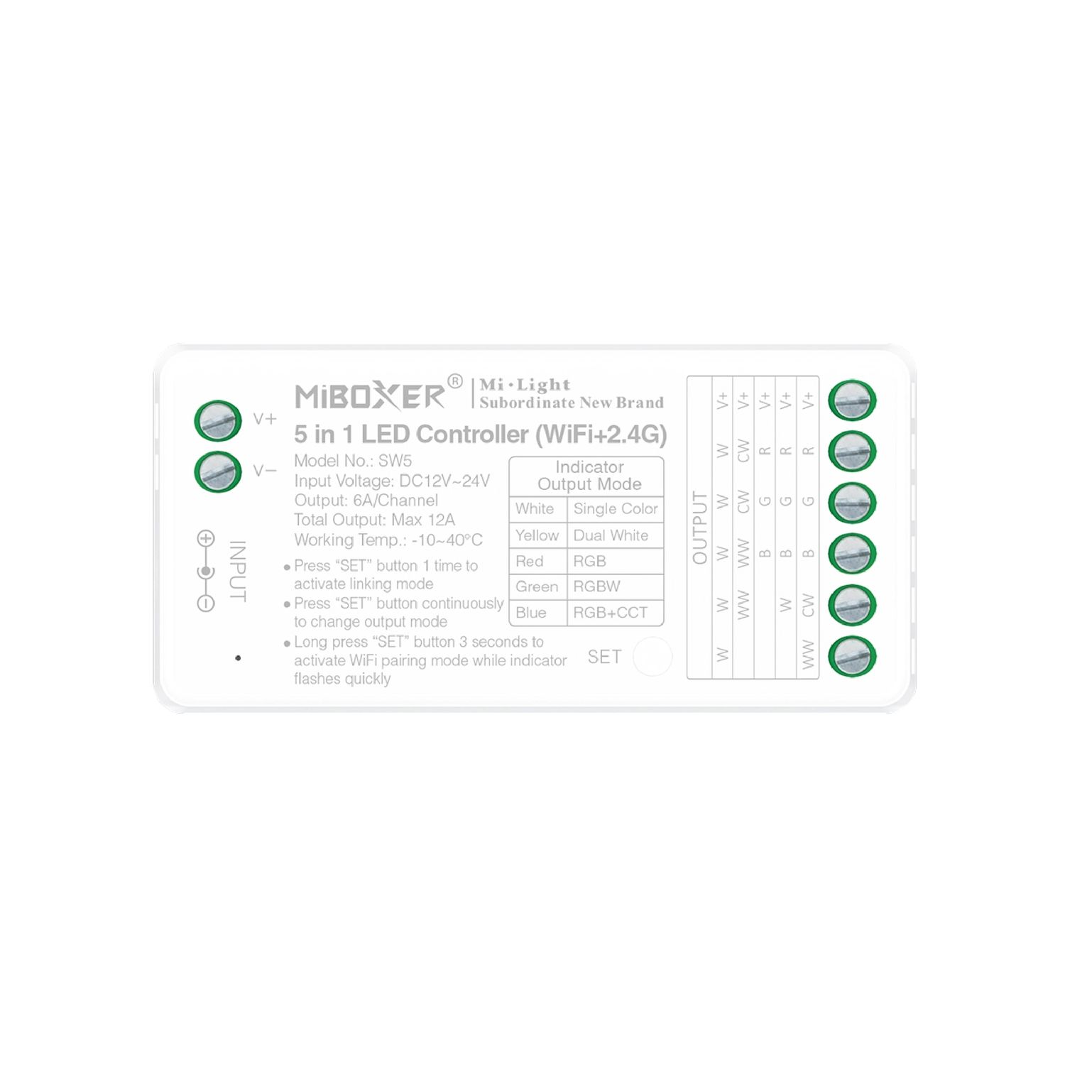 5 in 1 RGB+CCT and Single Color Wifi LED Controller 12-24V 2.4GHz RF 6A Total Constant Voltage