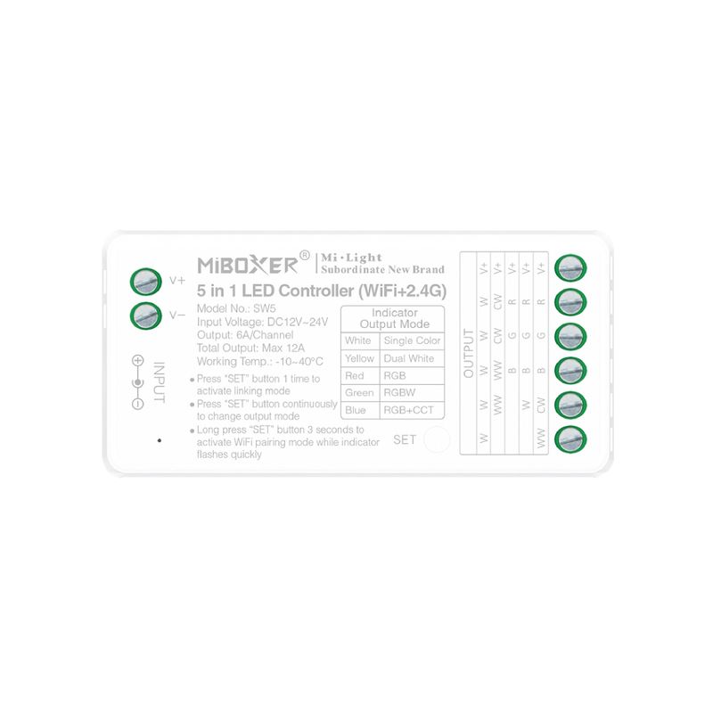 5 in 1 RGB+CCT and Single Color Wifi LED Controller 12-24V 2.4GHz RF 6A Total Constant Voltage