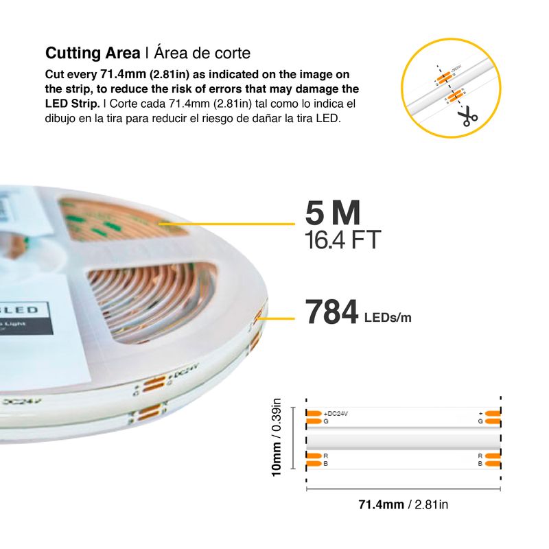 10mm COB LED Strip Addressable RGB+Warm White 24V 21W/m 784LED/m 16.4ft