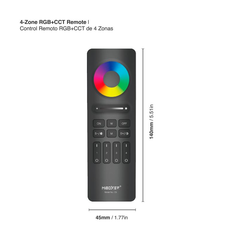 4-Zone RGB+CCT LED Remote Control 3V 2.4GHz RF Touch Wheel, 100ft Range
