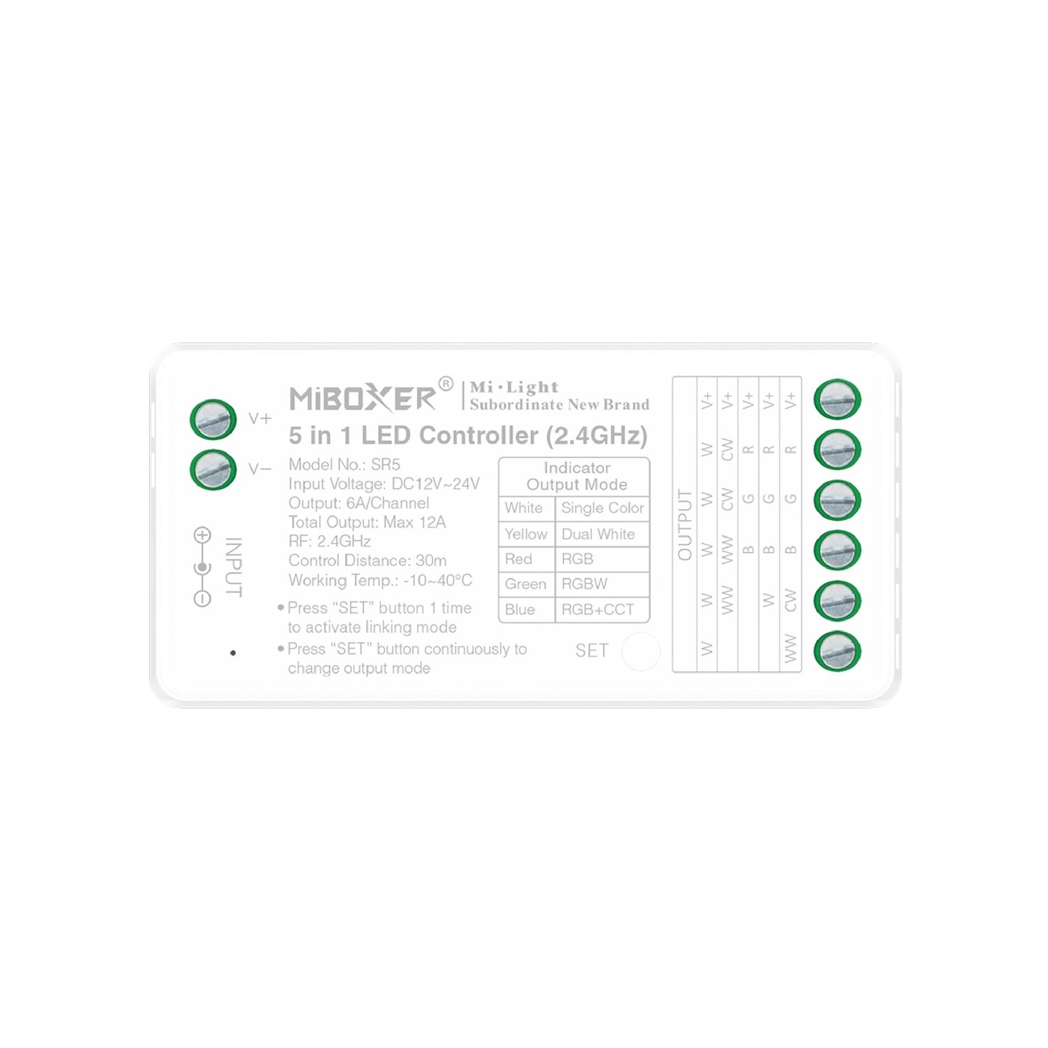 5 in 1 RGB+CCT and Single Color LED Controller 12-24V 2.4GHz RF, 6A×5CH, 30A Total