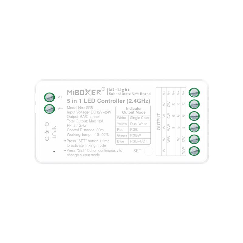 5 in 1 RGB+CCT and Single Color LED Controller 12-24V 2.4GHz RF, 6A×5CH, 30A Total