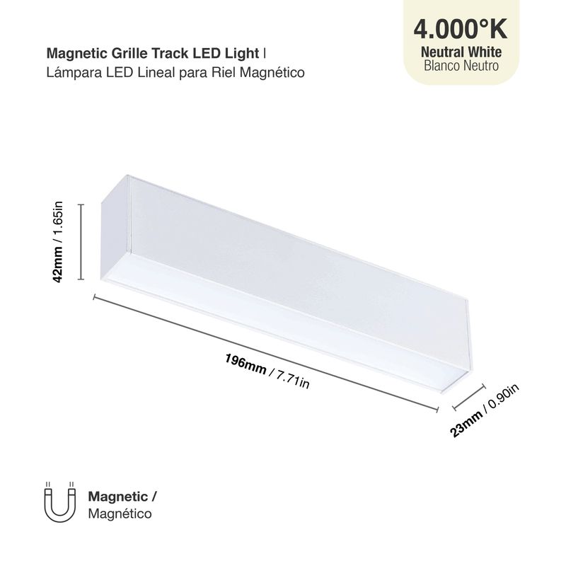 White Magnetic Grille Track Light, 8W, Neutral White 4000K, 605lm
