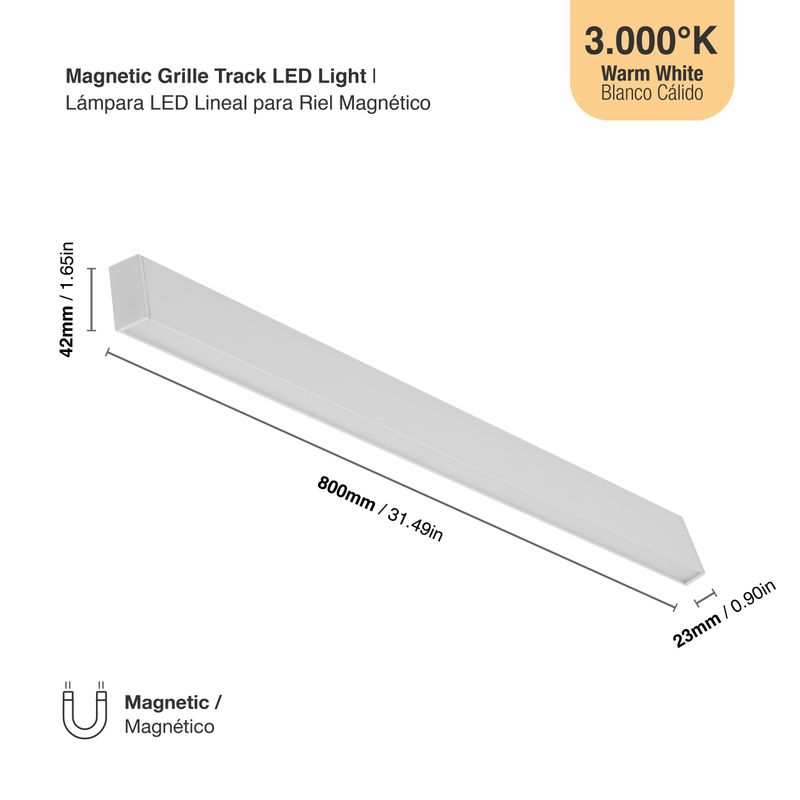 White Magnetic Grille Track Light, 30W, Warm White 3000K, 1970lm