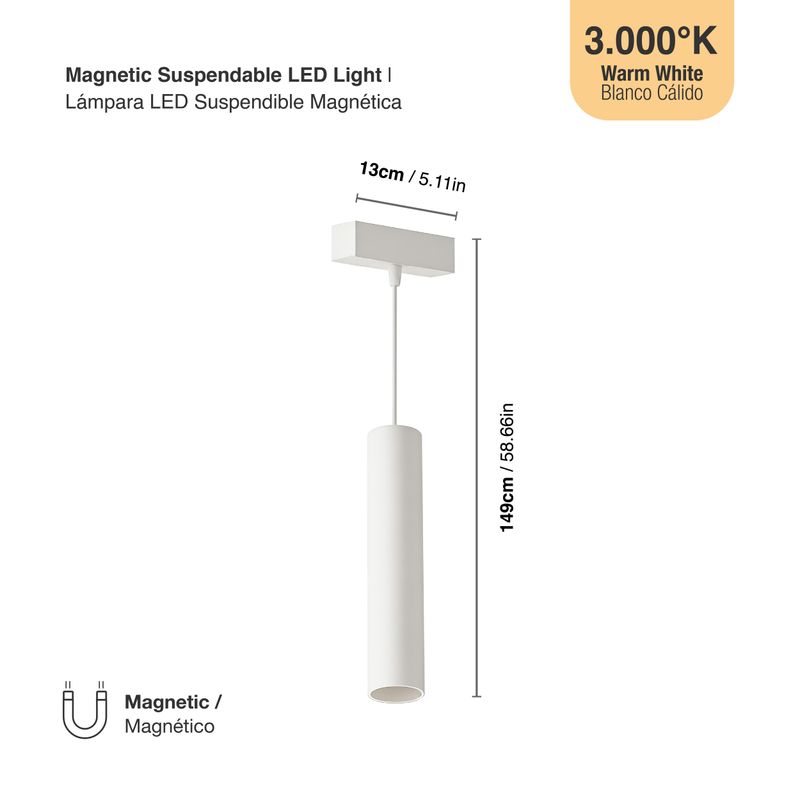 White Magnetic LED Light, Hanging, 10W, Warm White 3000K, 36°, 685lm