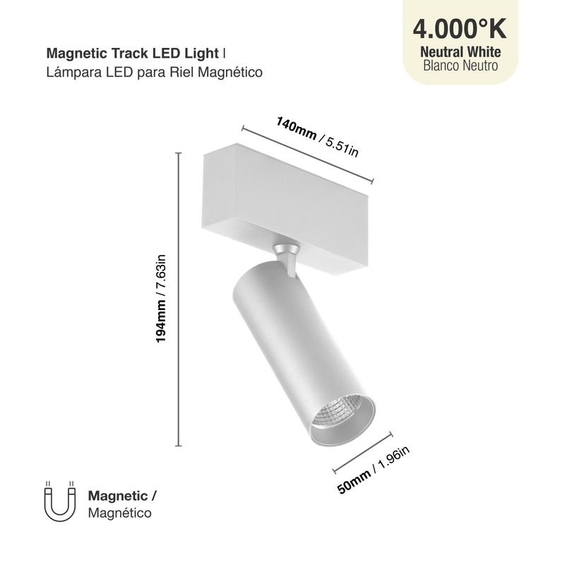 White Magnetic Track Light, Multidirectional, 10W, Neutral White, 36°