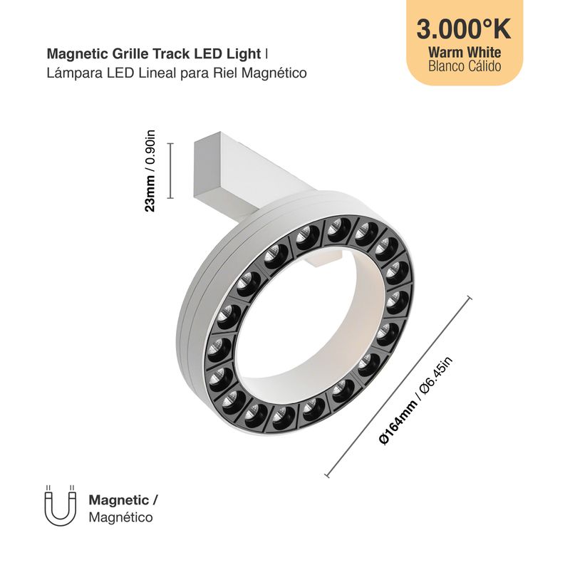 White Magnetic Round Track Light, 18W, Warm White 3000K, 90°, 1565lm