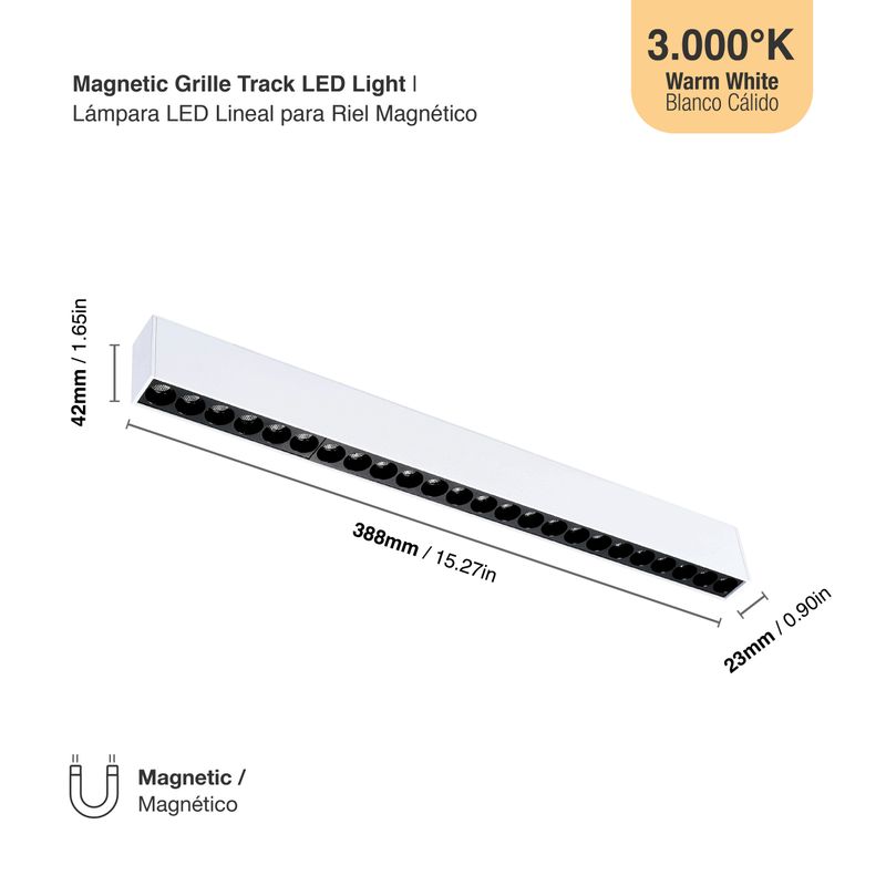 White Magnetic Grille Track Light, 24W, Warm White 3000K, 34°, 1875lm