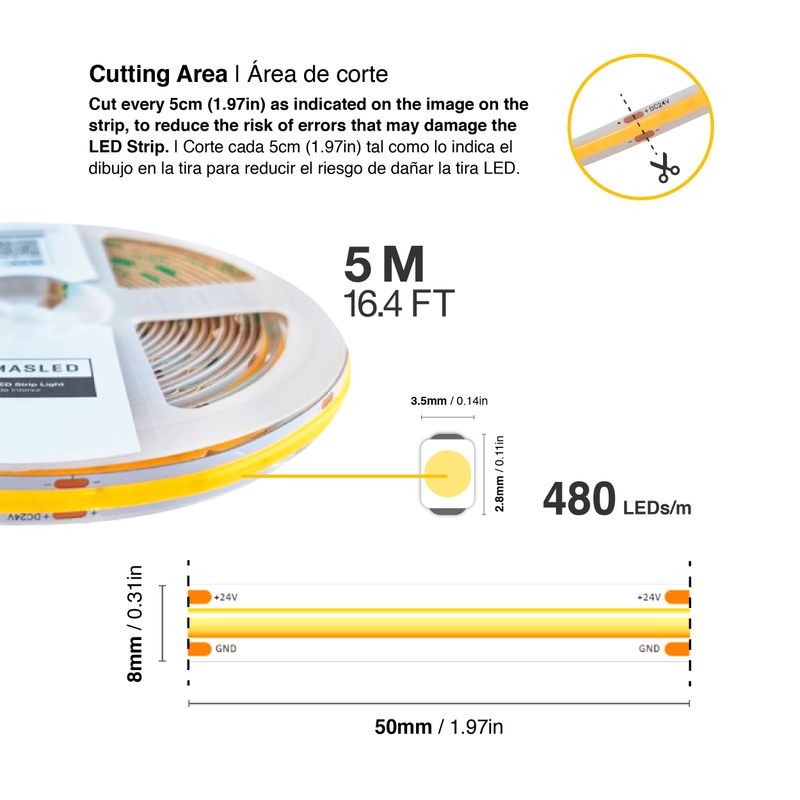 8mm COB LED Strip Extra Warm White 2300°K 24V 11W/m 850lm/m 480LED/m 16.4ft