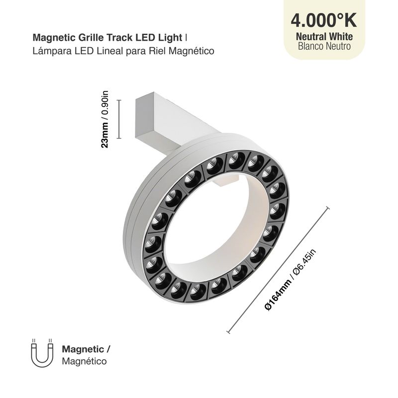 White Magnetic Round Track Light, 18W, Neutral White 4000K, 34°, 1565lm