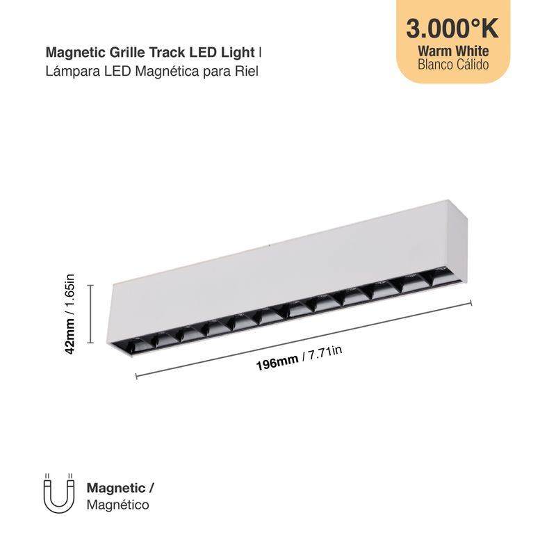 White Magnetic Grille Track Light, 12W, Warm White 3000K, 34°, 1015lm