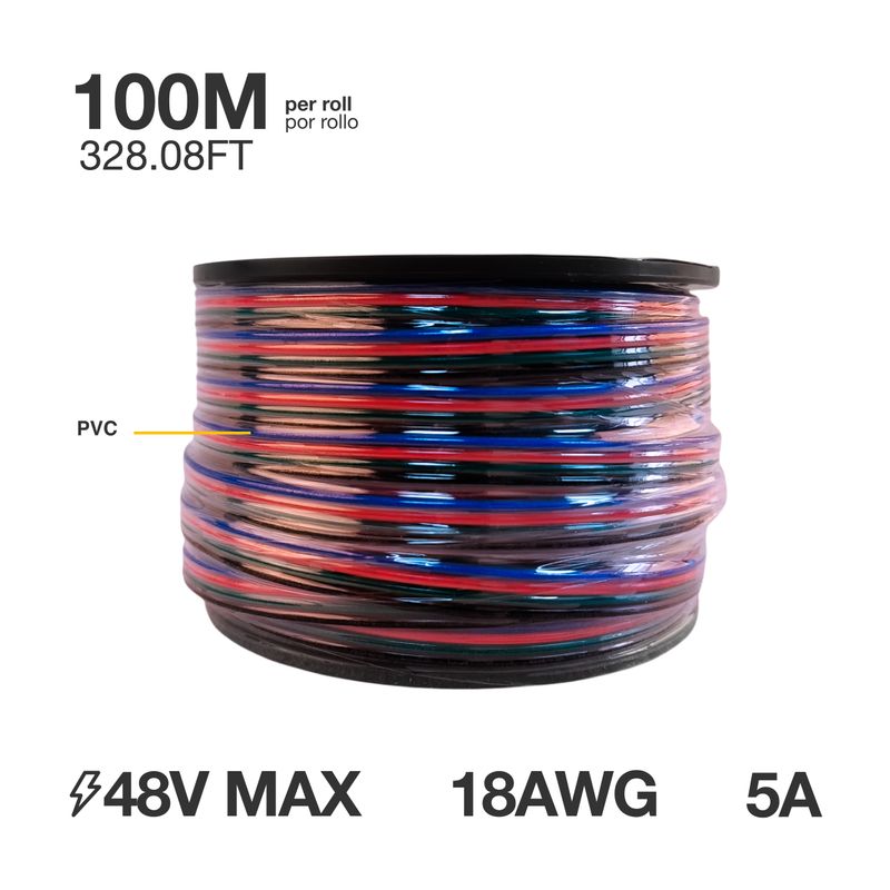 18AWG Cable, RGB LED lights, 1mm, 48V Máx, x 328 FT/ 100 M