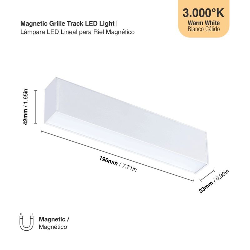 White Magnetic Grille Track Light, 8W, Warm White 3000K, 605lm