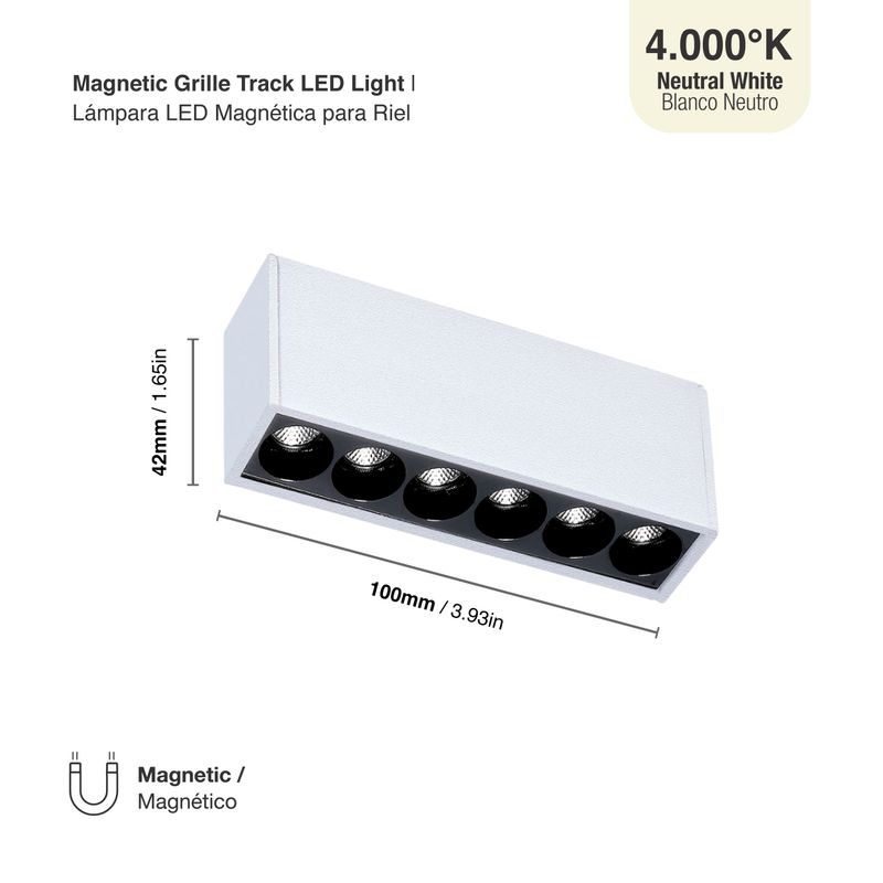 White Magnetic Grille Track Light, 6W, Neutral White 4000K, 34°, 510 lum